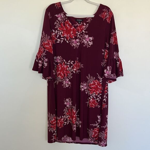 Women’s Plus size 2X gorgeous flutter sleeve maroon & pink floral dress NEW - Picture 2 of 15